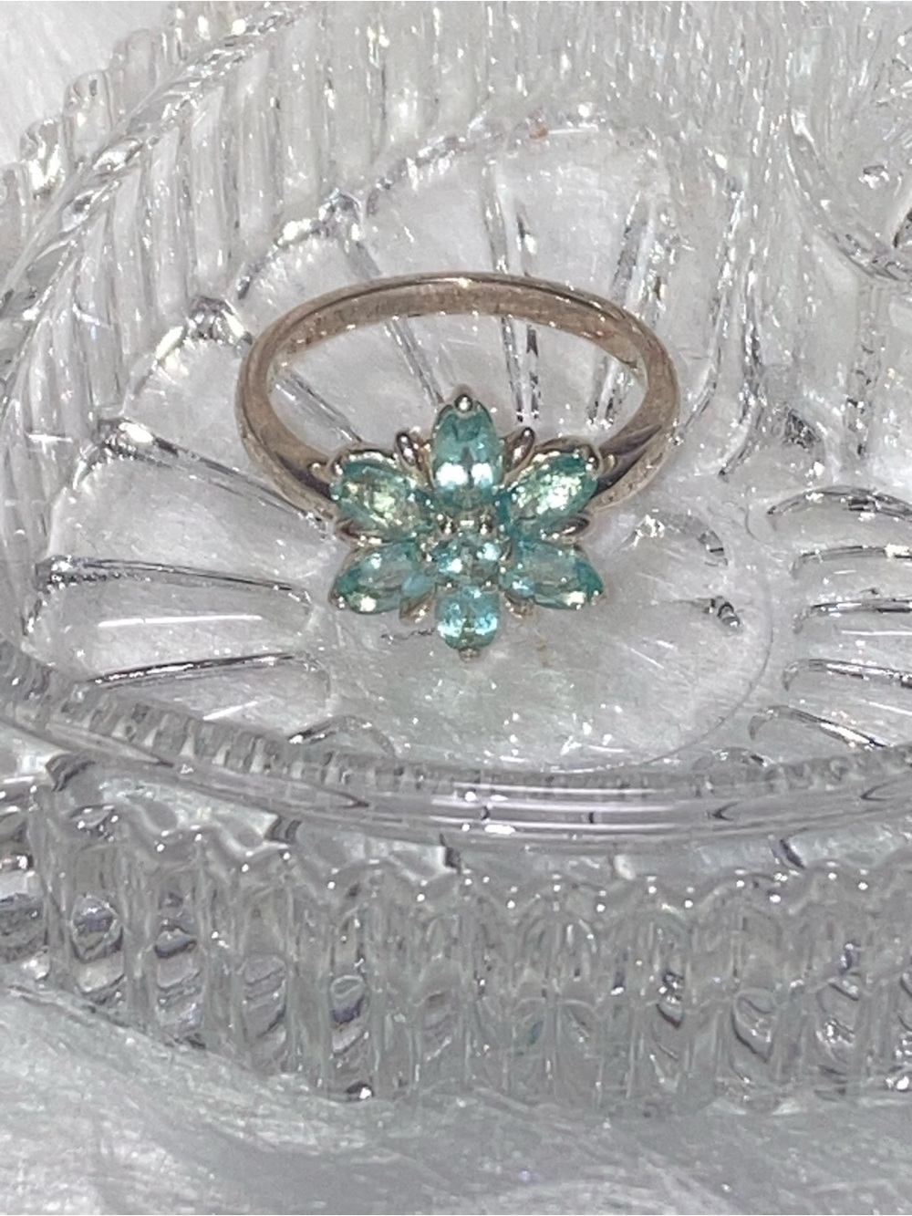 Aqua Floral Cluster Silver Ring